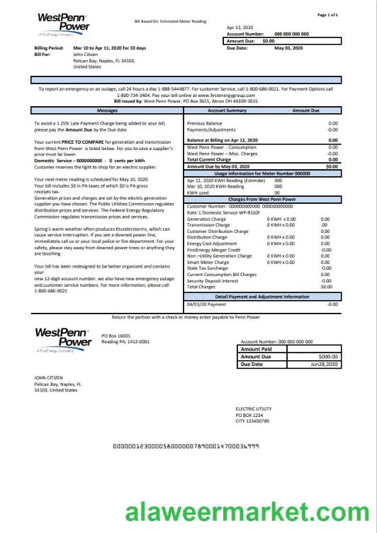 USA Pennsylvania West Penn Power utility bill template in Word and PDF format